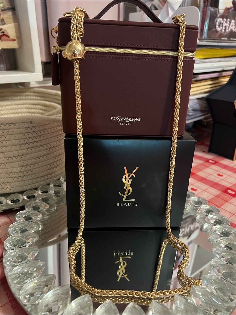Yves Saint Laurent Maroon Mini Vanity Bag- 47 inch Adjustable Chain